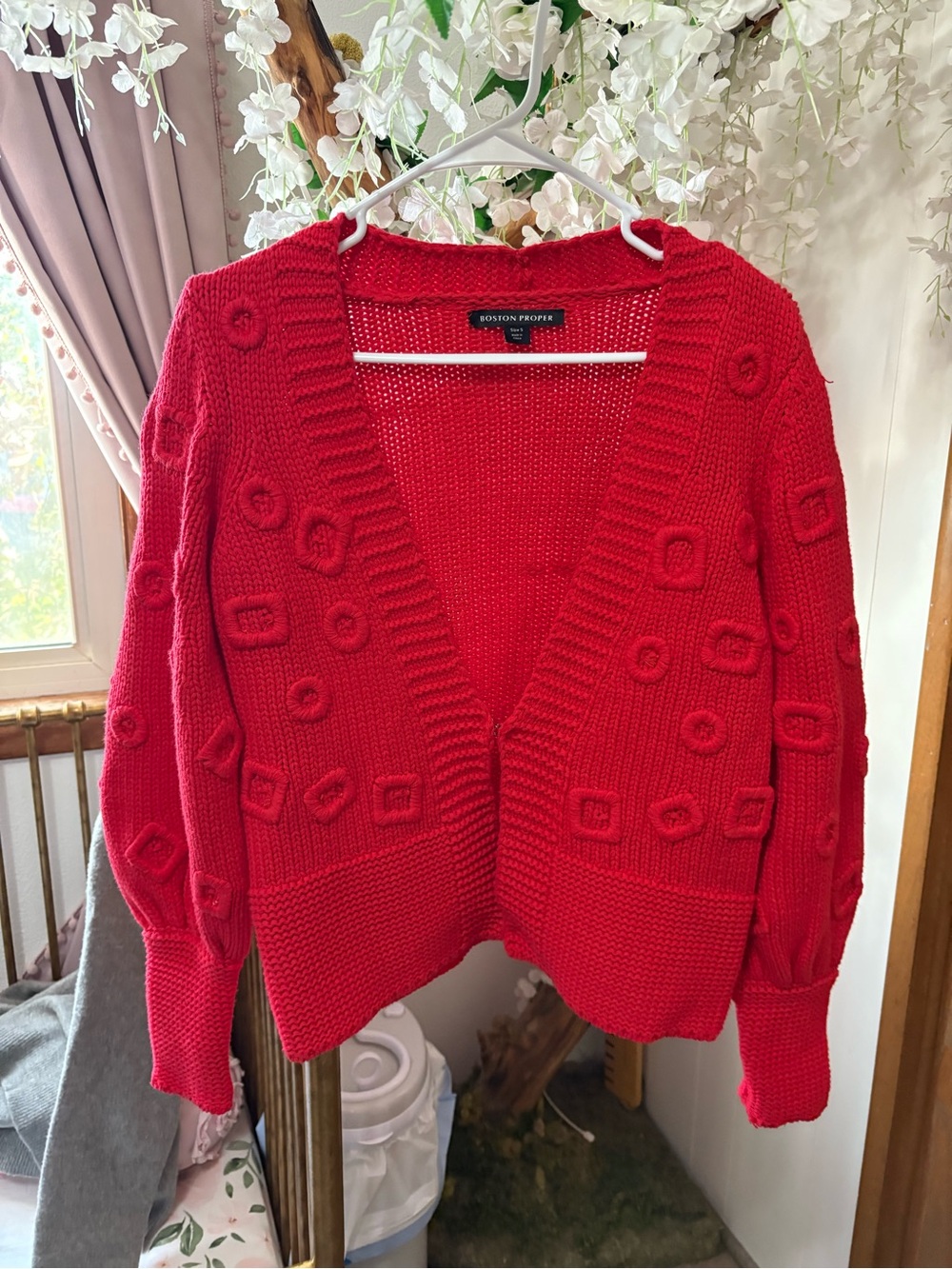 Boston Proper Bright Red Textured V-Neck Cardigan